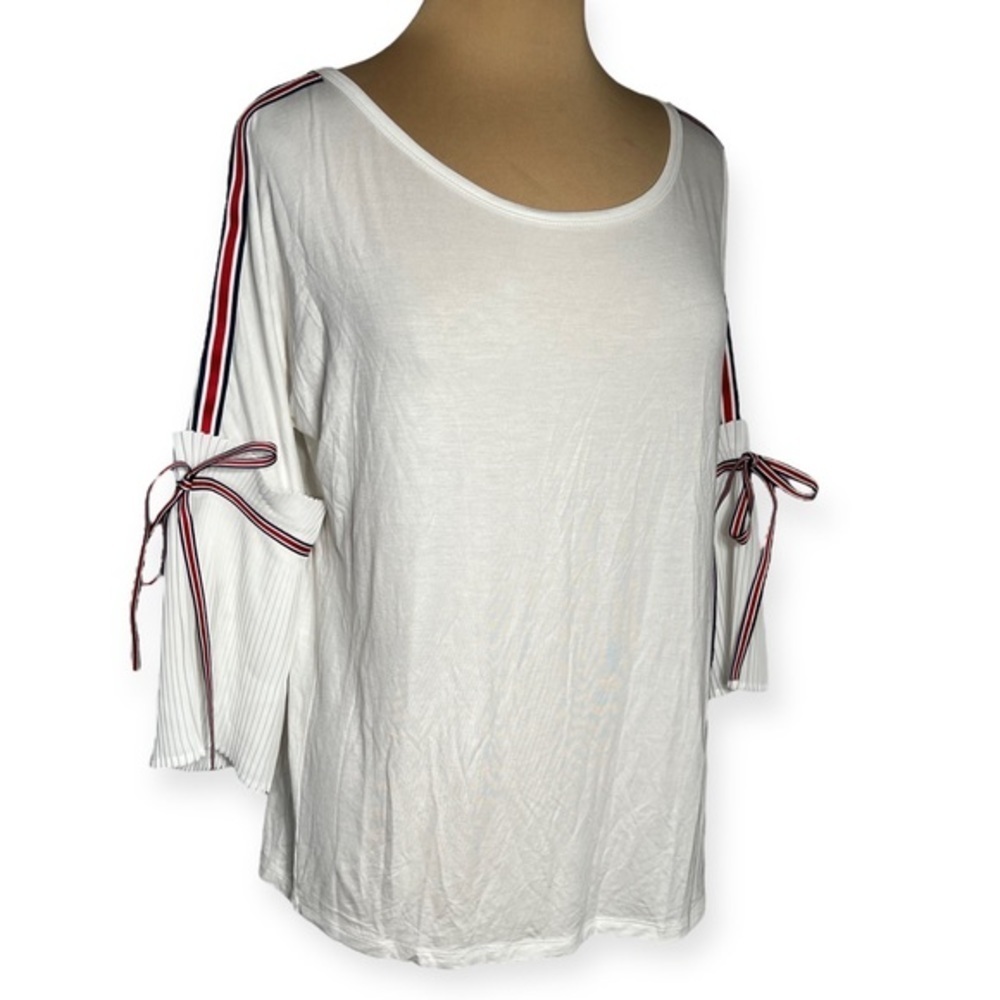 Alberto Makali white top with red white and blue ribbon detail Med